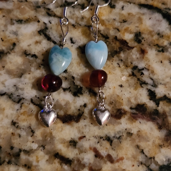 New handmade Dominican larimar heart earrings - Picture 5 of 7